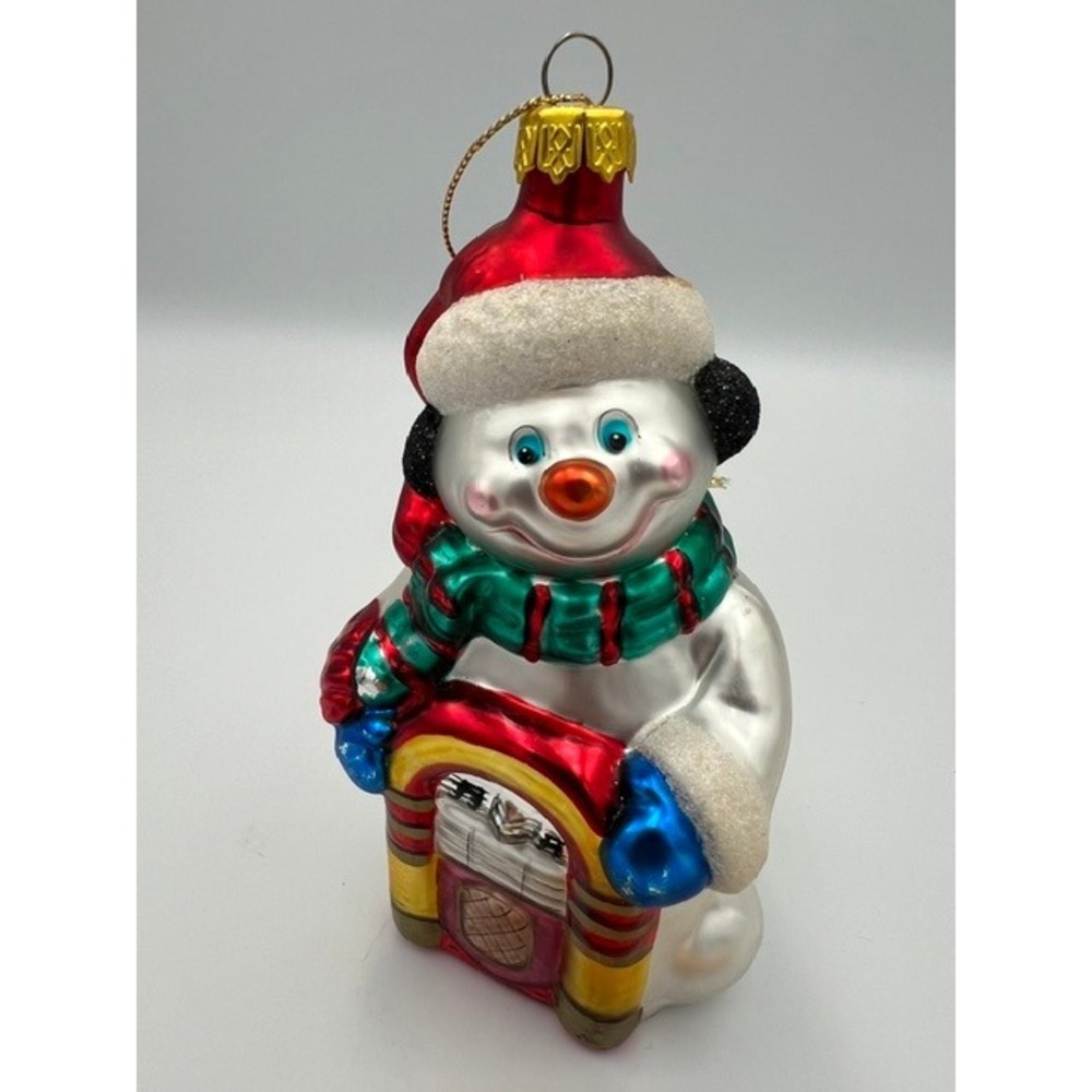 Vintage Snowman Retro Jukebox Glass Christmas Ornament Santa Hat 5.25in 1990's - Picture 12 of 12